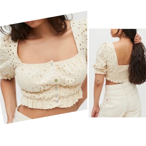 UO Tan Button Down Eyelet Crop Top - Picture 4 of 15